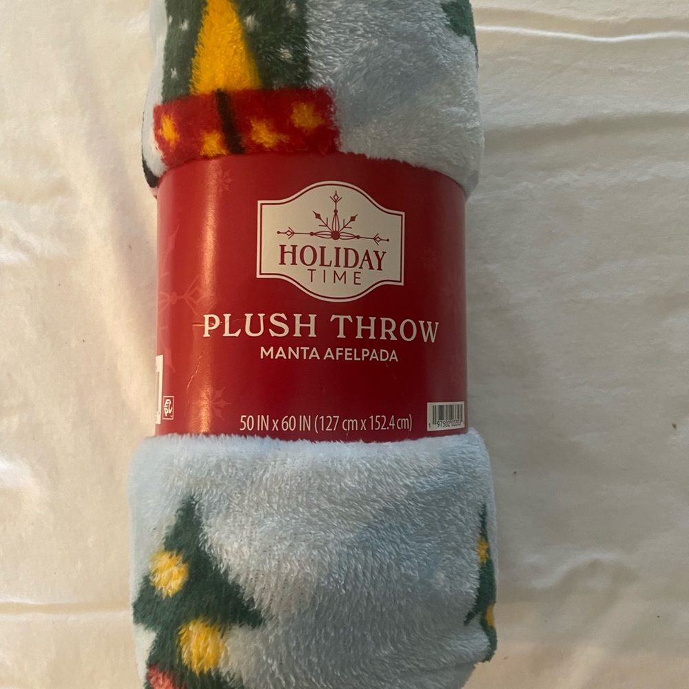 Holiday Time Light Blue Plush Throw Blanket with Dogs and Christmas Trees